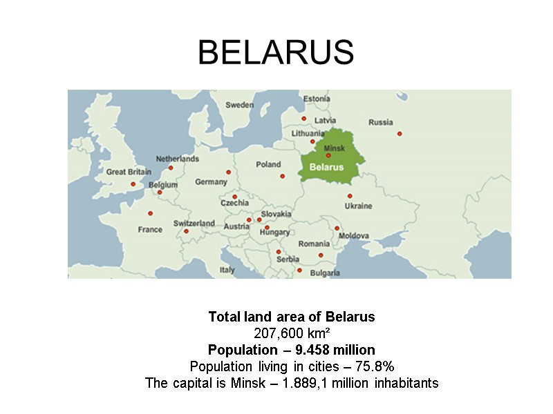 BELARUS Total land area of Belarus  207,600 km²  Population – 9.458 million